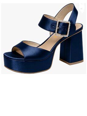 FYS Navy Platform Round Toe Ankle Strap Block High Heels Pearl Studded Sandals